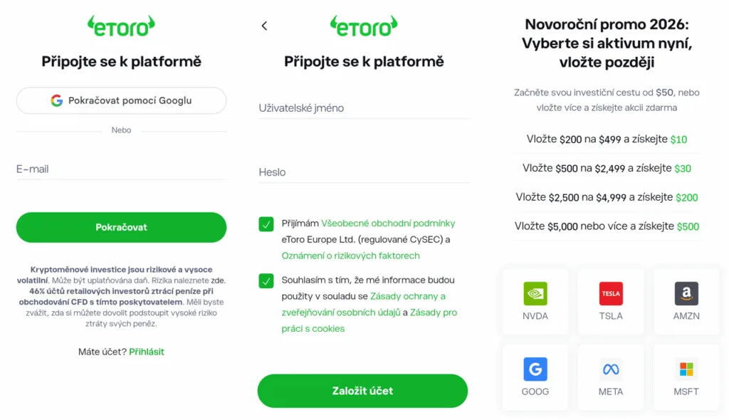 Postup pro získání akcie zdarma od eToro