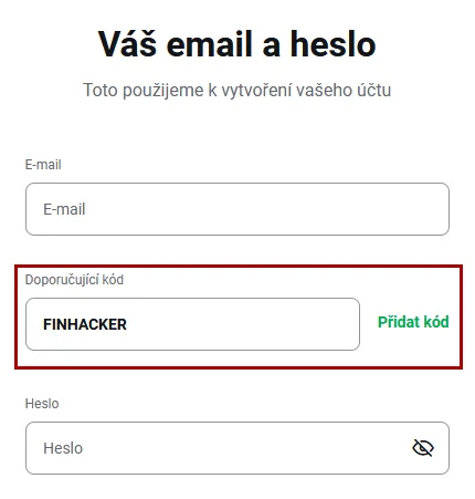 Ukázka zadání referenčního kódu při registraci účtu u XTB.