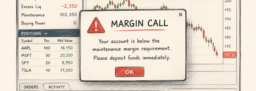 Ilustrace margin callu v obchodní platformě po poklesu hodnoty investičního portfolia.