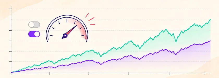 Dvě rostoucí křivky indexu PX s rozdílným kolísáním, doplněné ukazatelem výkonu a přepínači faktorů ovlivňujících výpočet indexu.
